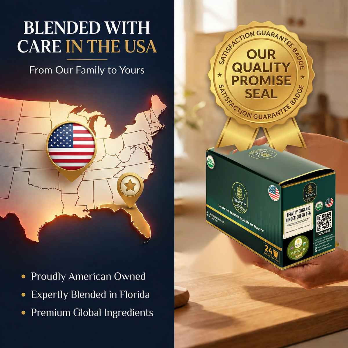 Blended with care in the USA, Teavity Organic Ginger Green Tea 24 count box