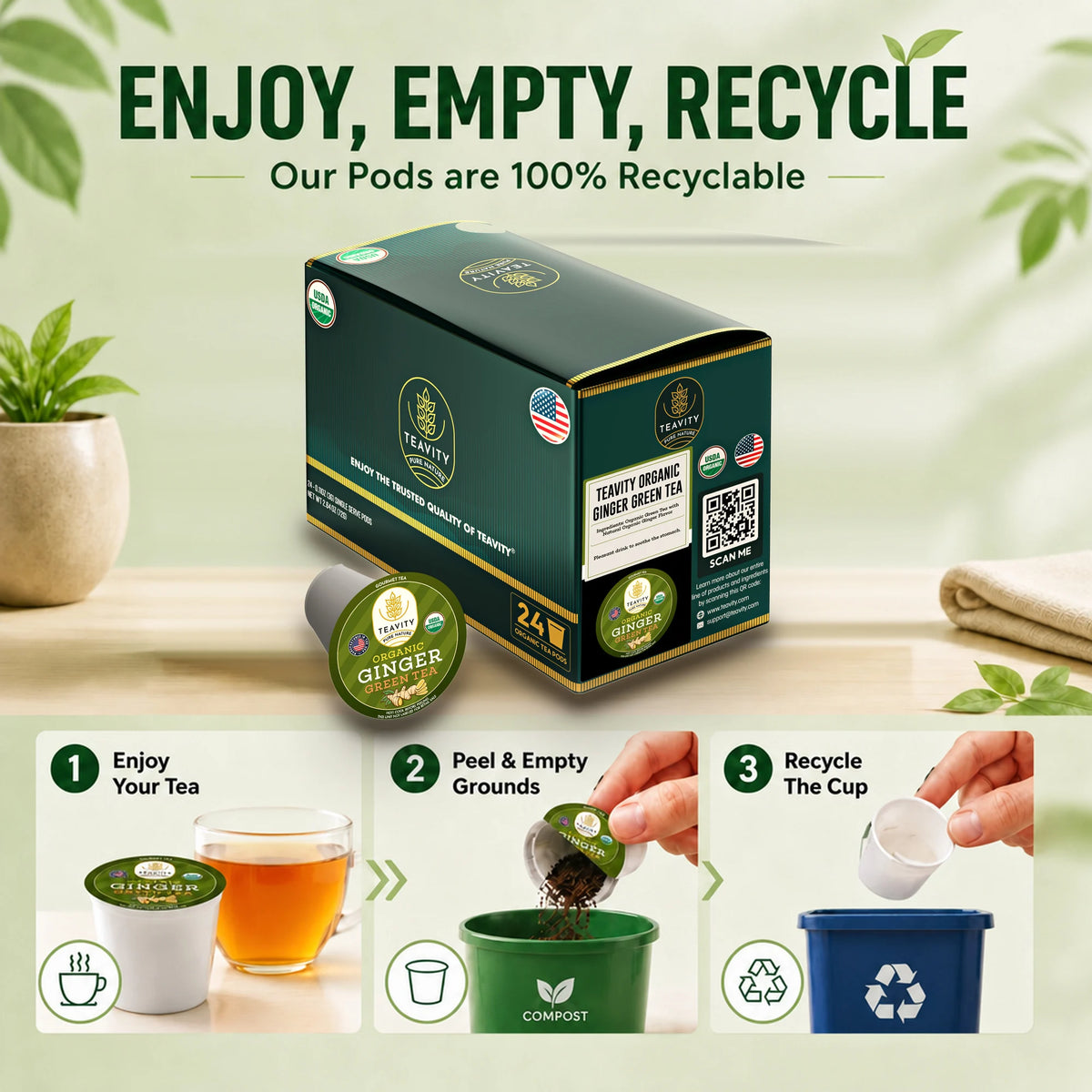 Enjoy, empty, recycle: Teavity recyclable Ginger Green Tea pods, 24 count box
