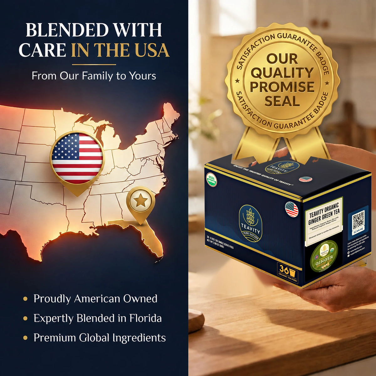 Blended with care in the USA, Teavity Organic Ginger Green Tea 36 count box