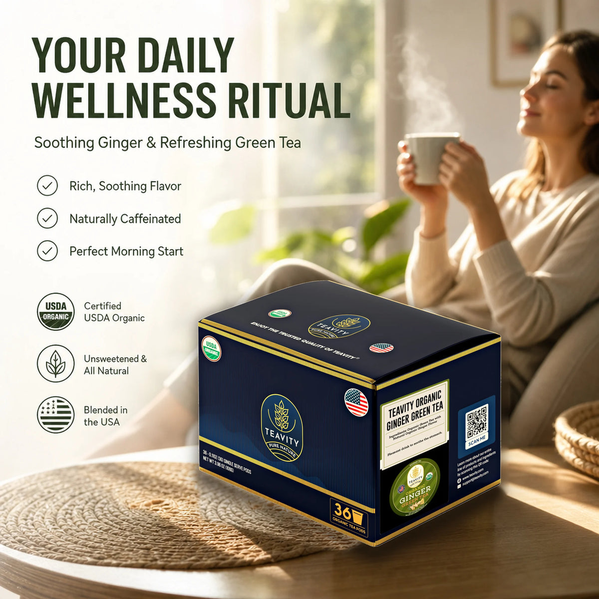 Your daily wellness ritual, Teavity Organic Ginger Green Tea 36 count box