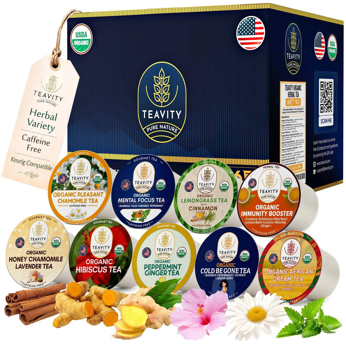 Teavity Organic Herbal Tea Pods Variety Pack, 36 count, 9 caffeine-free flavors, Keurig compatible