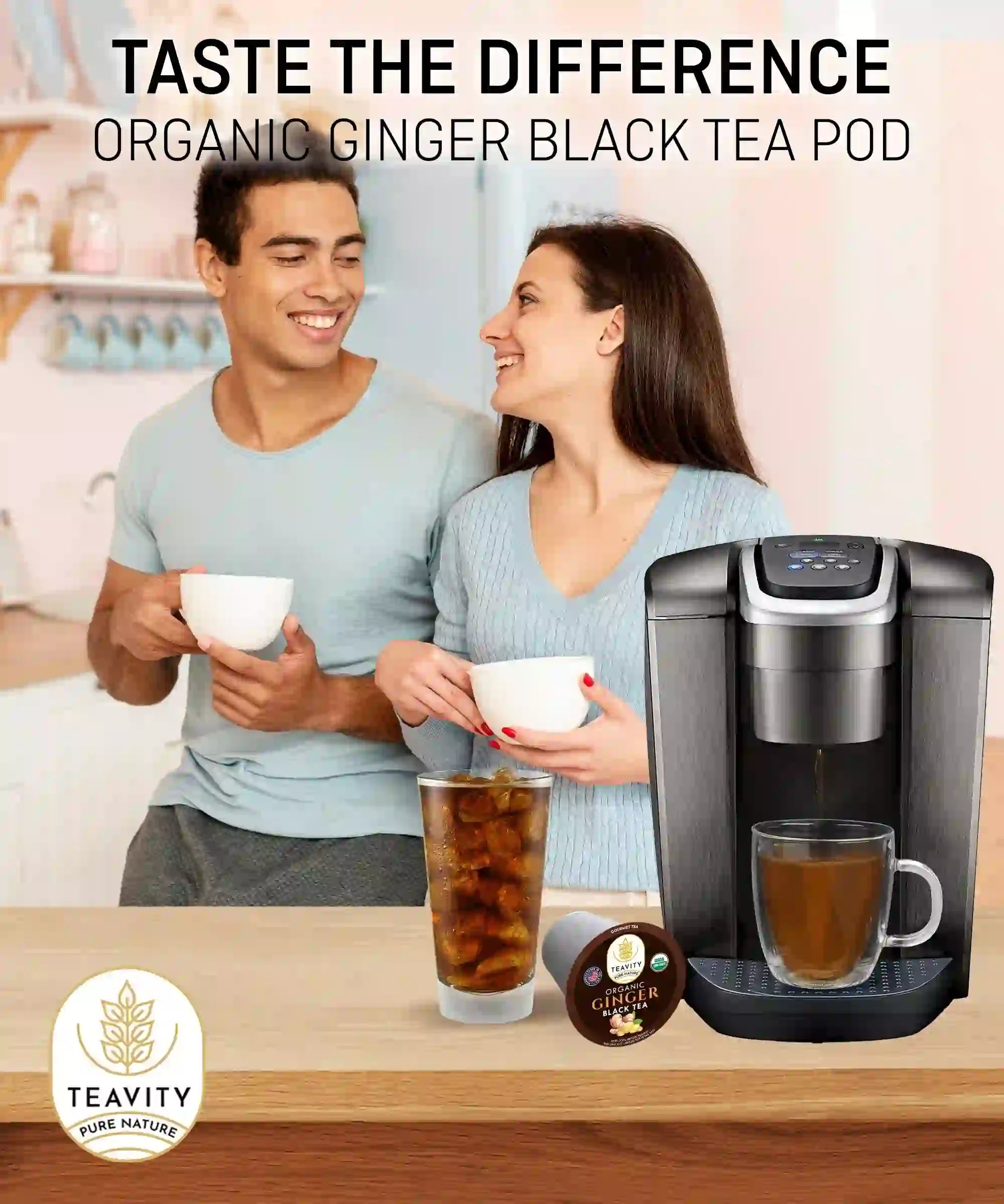 Teavity Organic Ginger Black Tea Pods brewed hot and iced in a single-serve machine