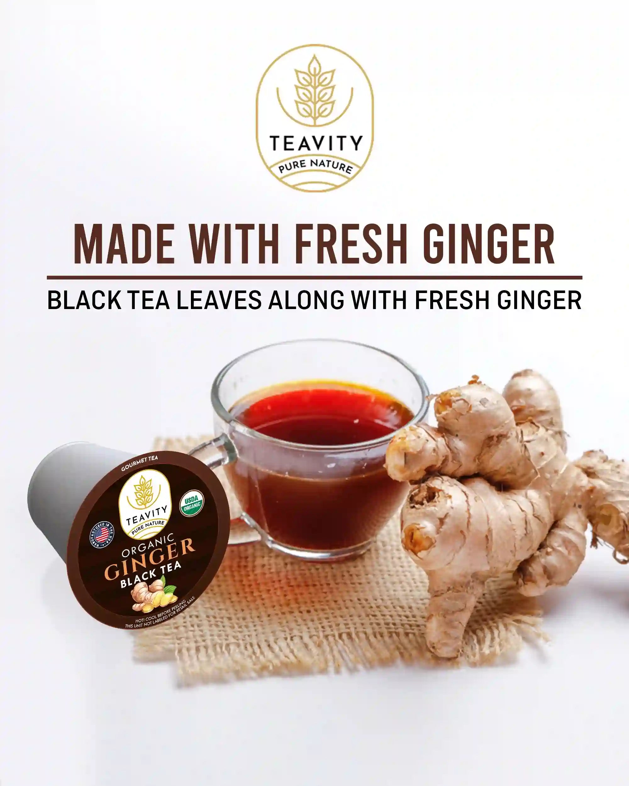 Teavity Organic Ginger Black Tea Pods with fresh ginger root and brewed black tea cup