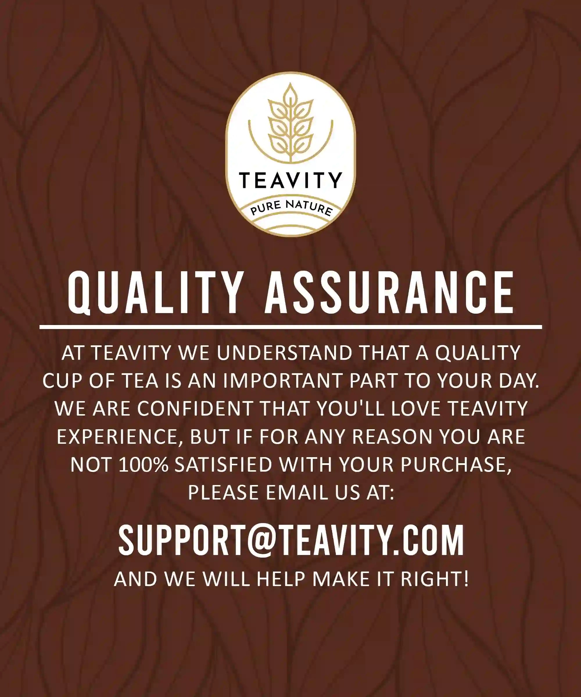 Teavity quality assurance and satisfaction guarantee for Organic Ginger Black Tea Pods