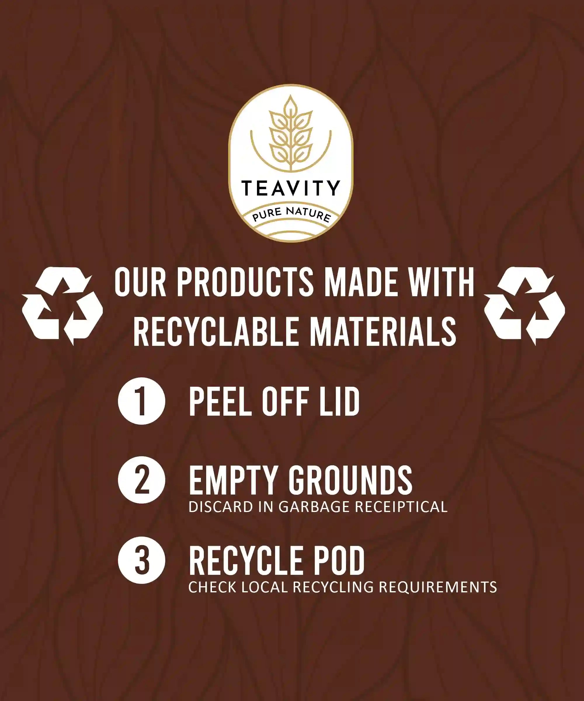 Teavity recyclable  Organic Ginger Black Tea Pods with peel off lid and pod recycling instructions