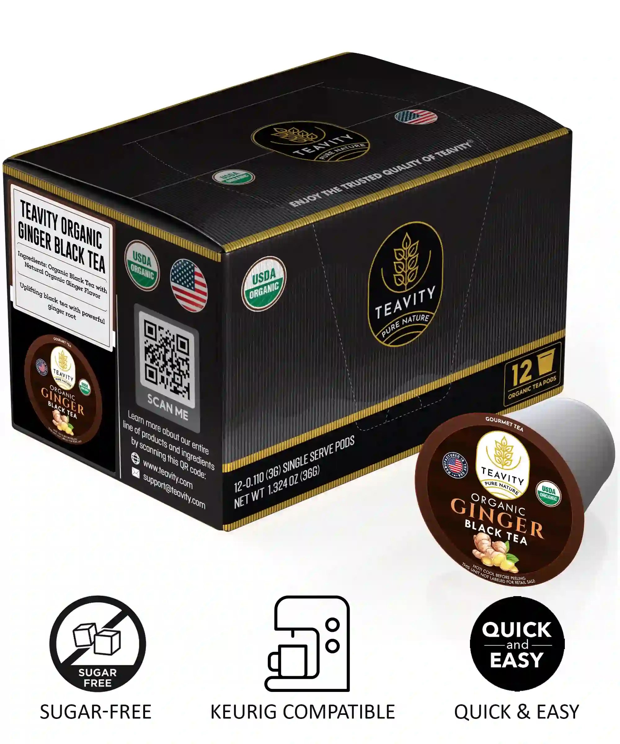 Teavity organic ginger black tea pods 12 count box, Keurig compatible, quick easy