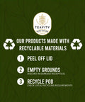 Teavity recyclable organic green tea pods with peel off lid and pod recycling instructions