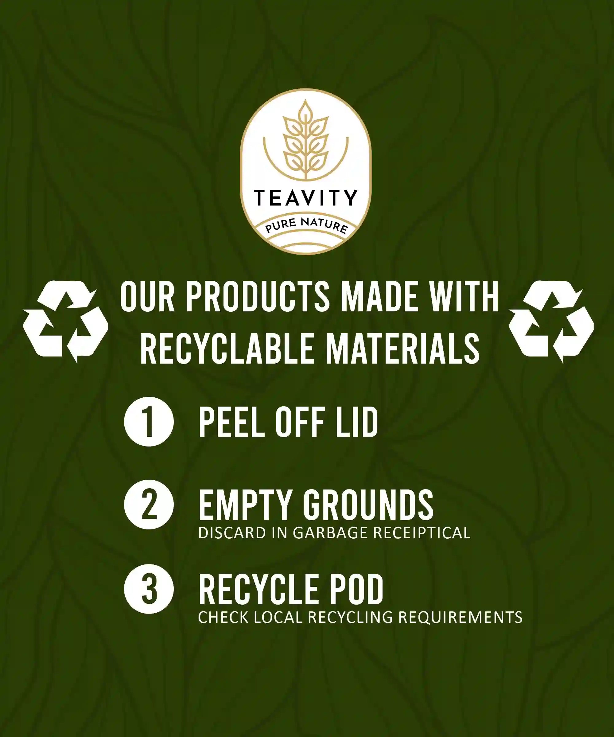 Teavity recyclable organic green tea pods with peel off lid and pod recycling instructions