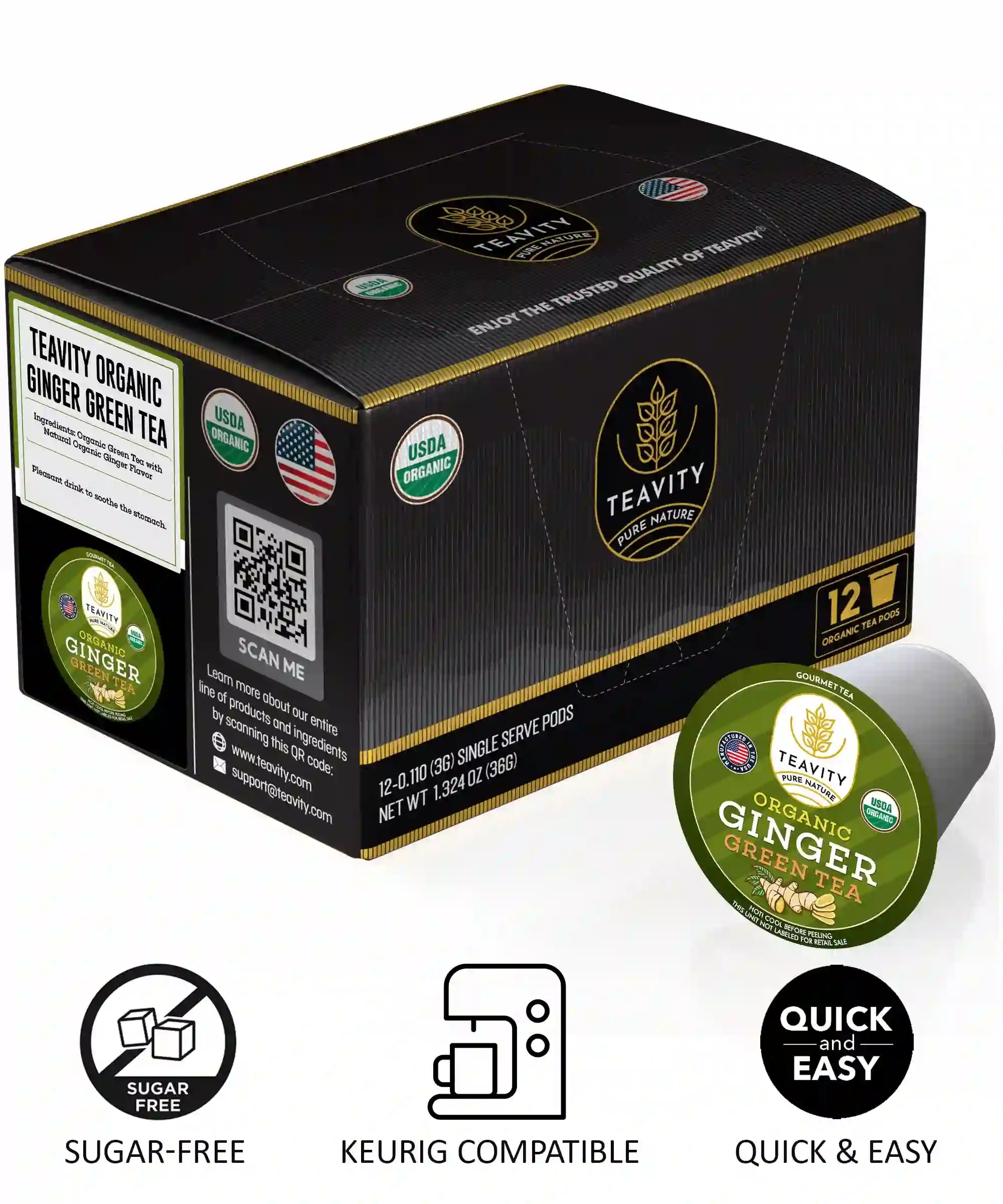 Teavity organic ginger green tea pods box, sugar free Keurig compatible 12 count