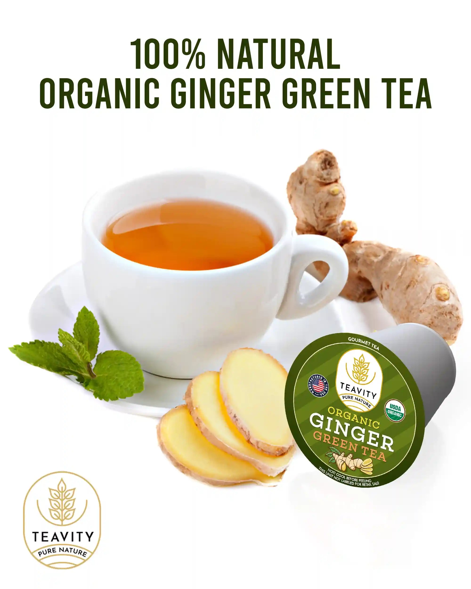 Teavity Organic Ginger Green Tea Pods for Keurig with fresh ginger root and tea cup