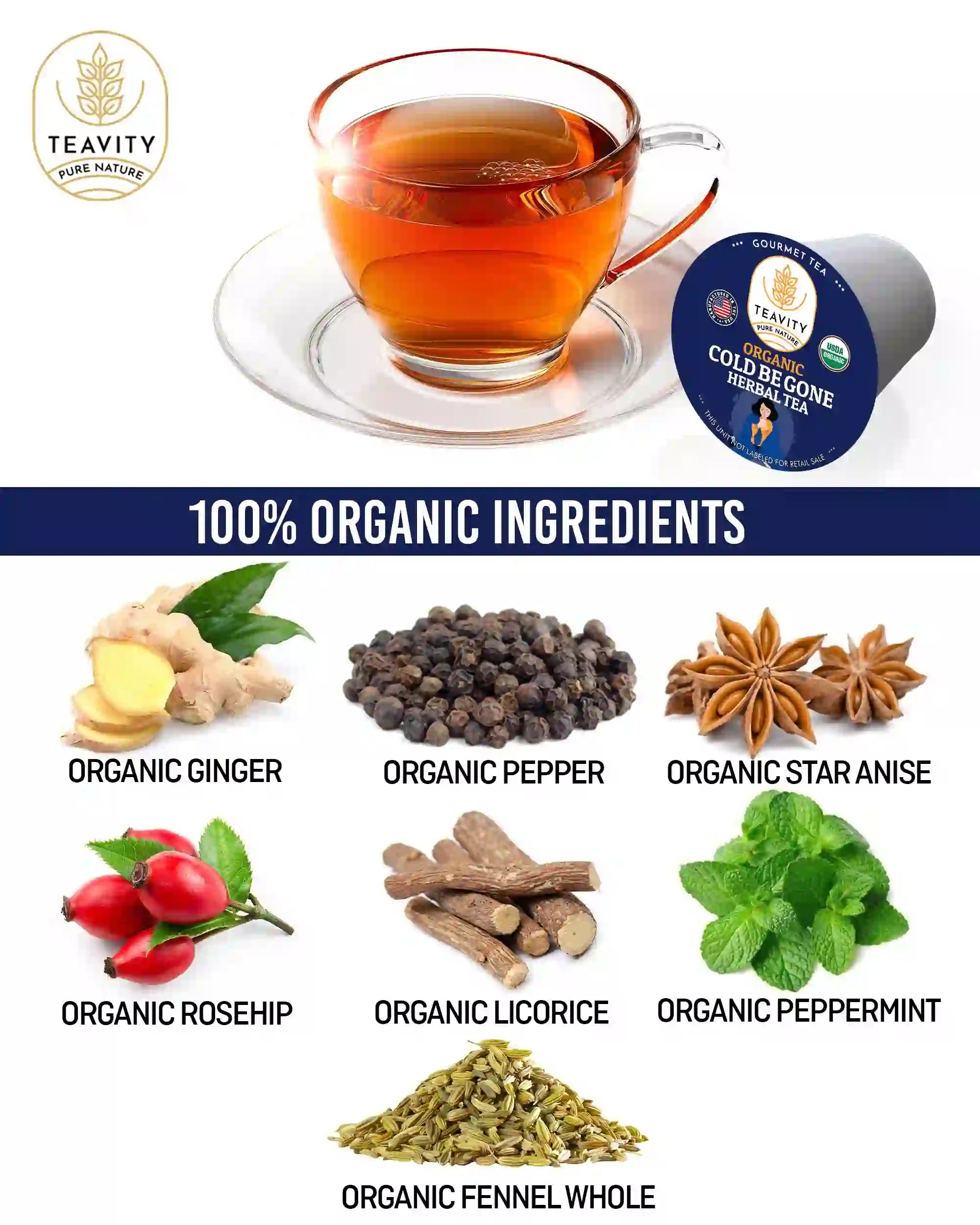 100% organic herbal tea ingredients with ginger, fennel, licorice and peppermint