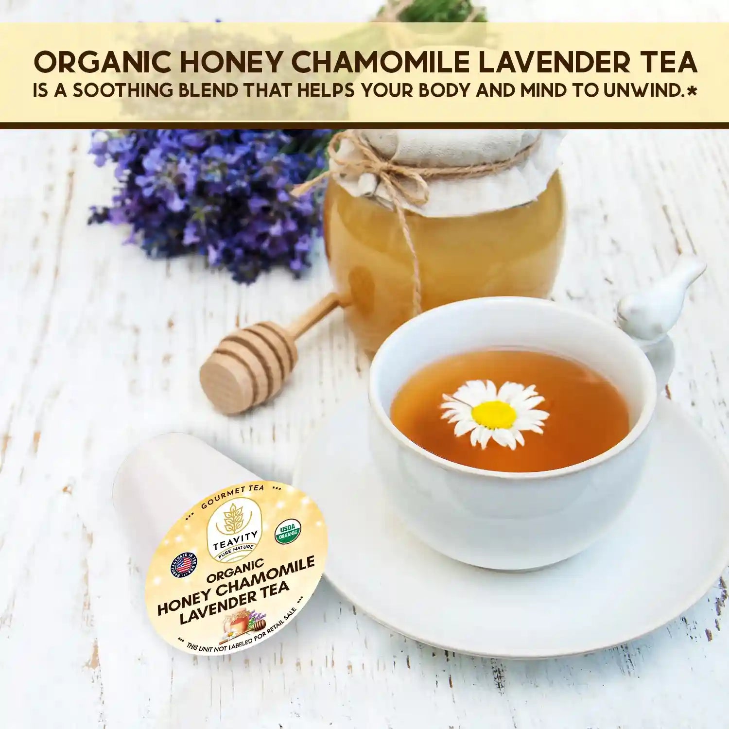 Teavity organic honey chamomile lavender tea pods for relaxation and sleep