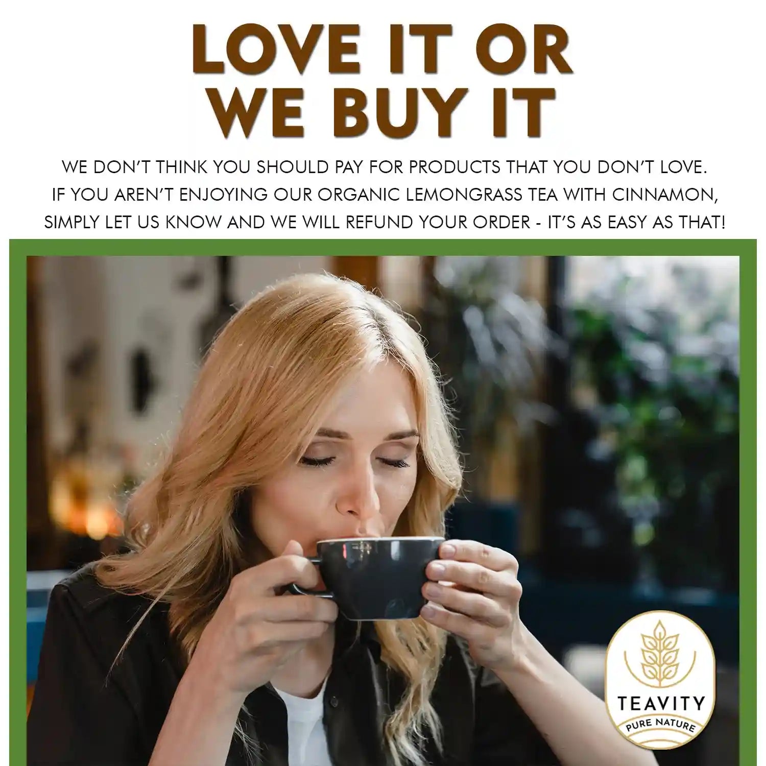 Woman enjoying Teavity Organic Lemongrass Cinnamon Tea Pods – Herbal Keurig Brew