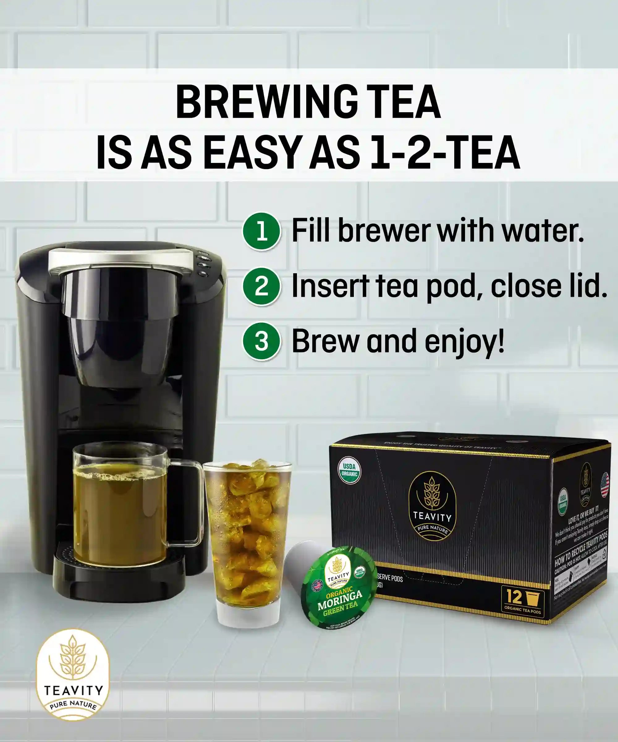 Brewing tea is as easy as 1-2 tea with Teavity Organic Moringa Green tea pod