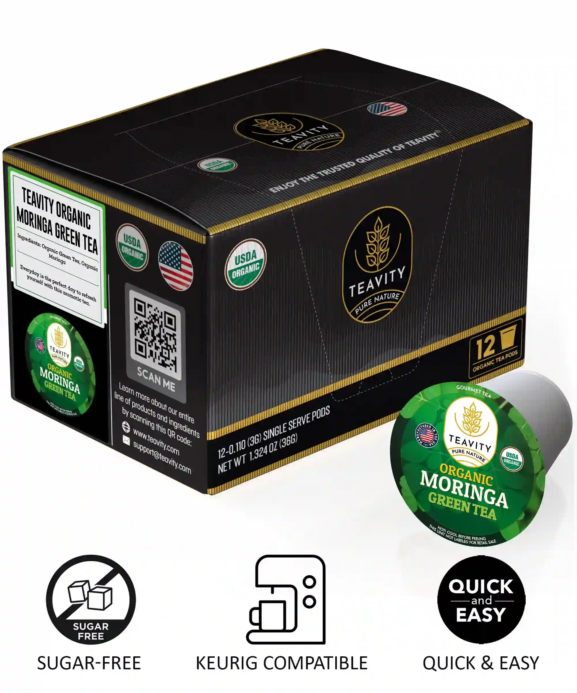 Teavity Organic Moringa Green Tea Pods, sugar free keurig compatible