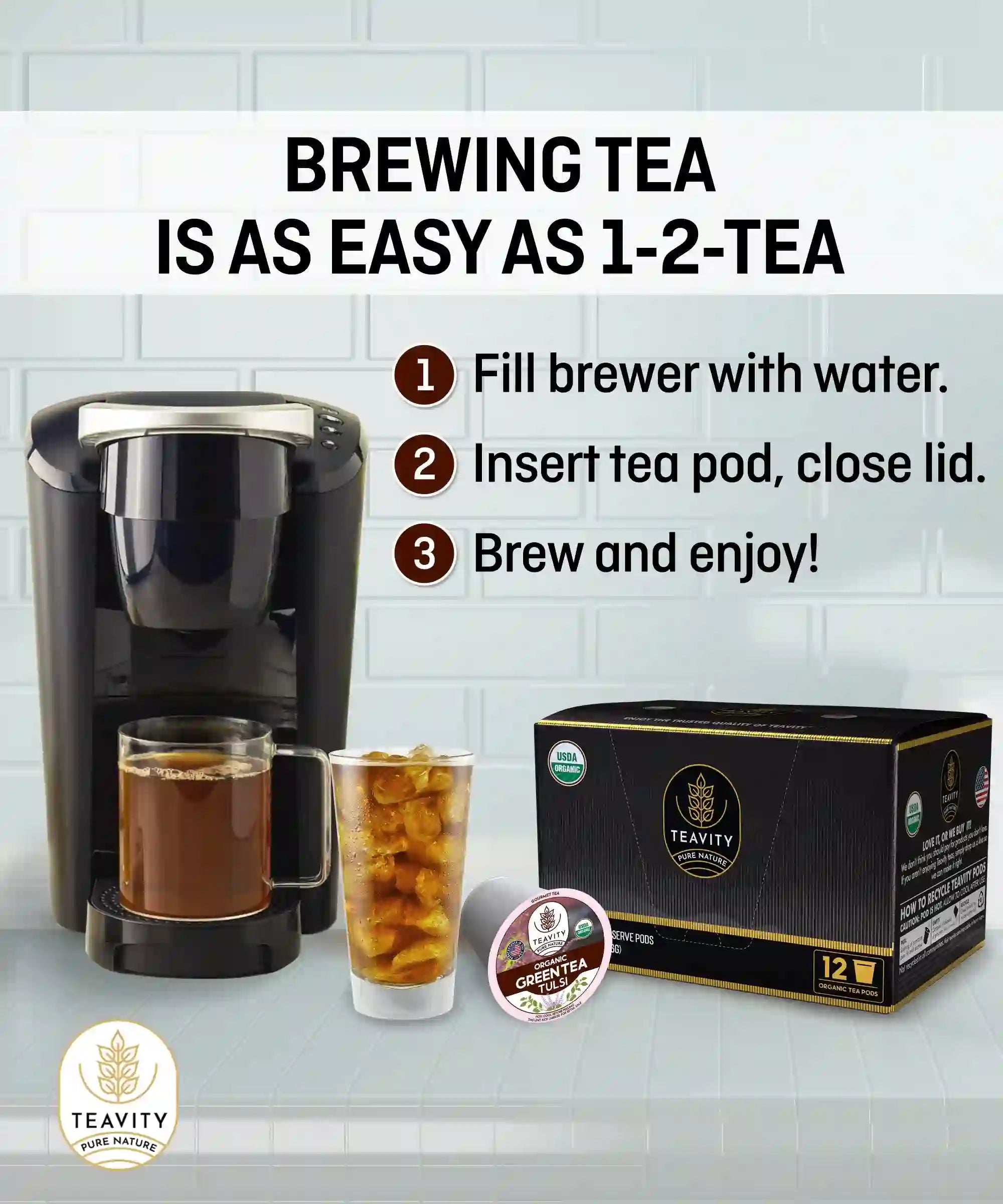 Organic holy basil tulsi green tea, Brewing easy tea pods by Teavity