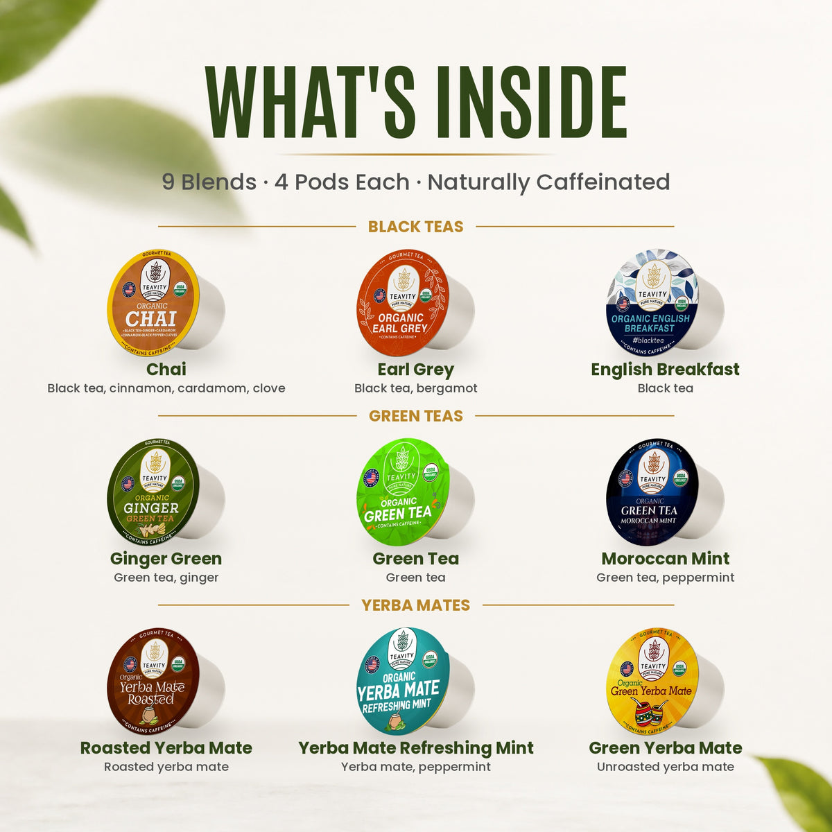 What's inside the Teavity Organic Caffeinated Tea Variety Pack, 36 count: the organic tea blends in the box