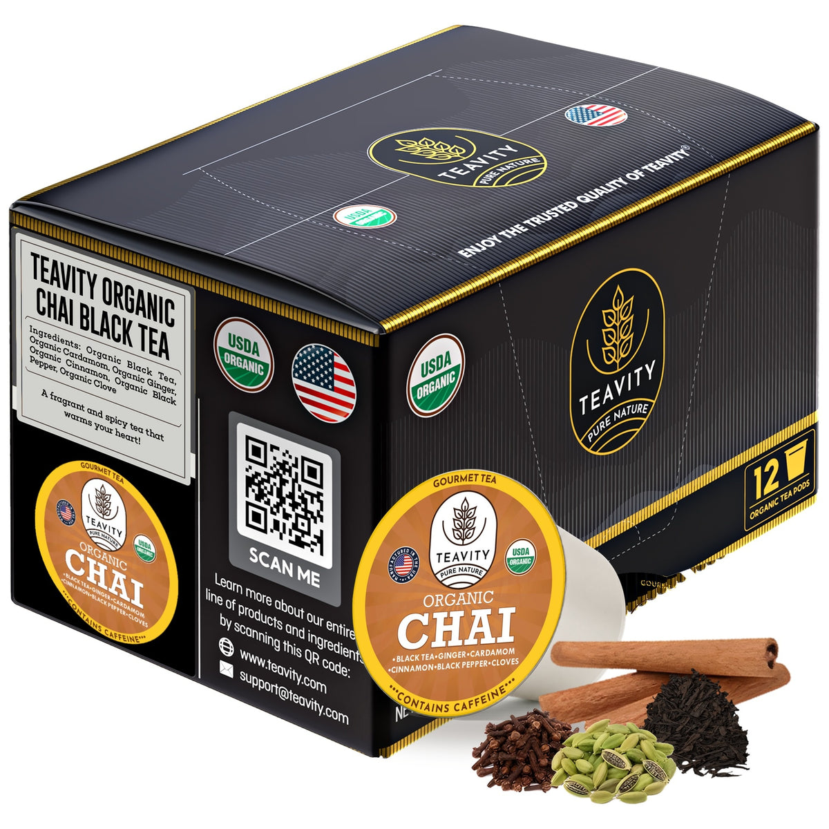 Teavity Organic Chai Black Tea Pods, 12 count box, K-Cup compatible
