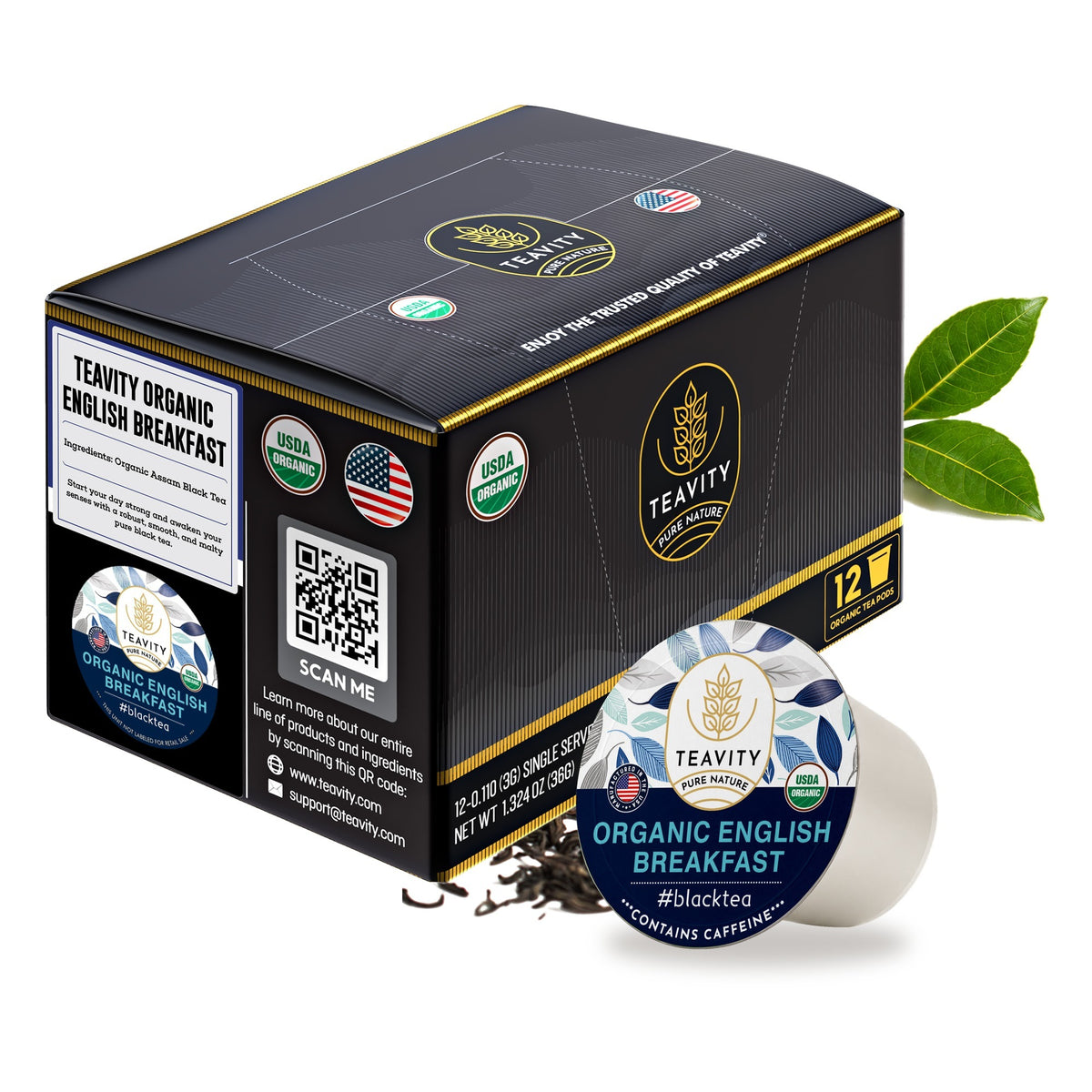 Teavity Organic English Breakfast Tea Pods, 12 count box, K-Cup compatible