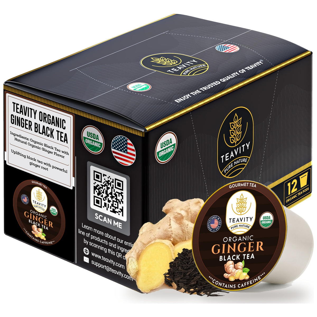 Teavity Organic Ginger Black Tea Pods, 12 count box, K-Cup compatible