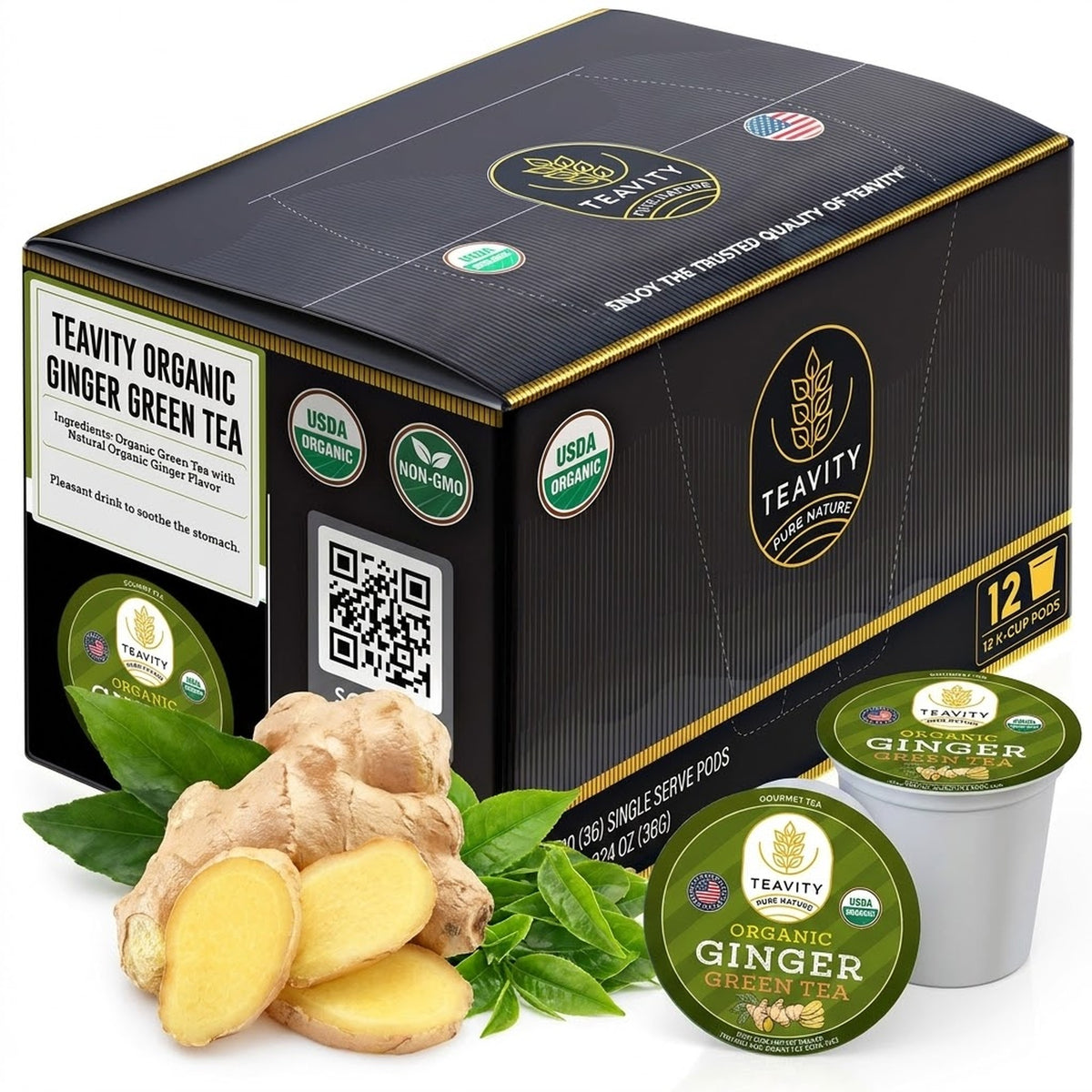 Teavity Organic Ginger Green Tea Pods, 12 count box, K-Cup compatible