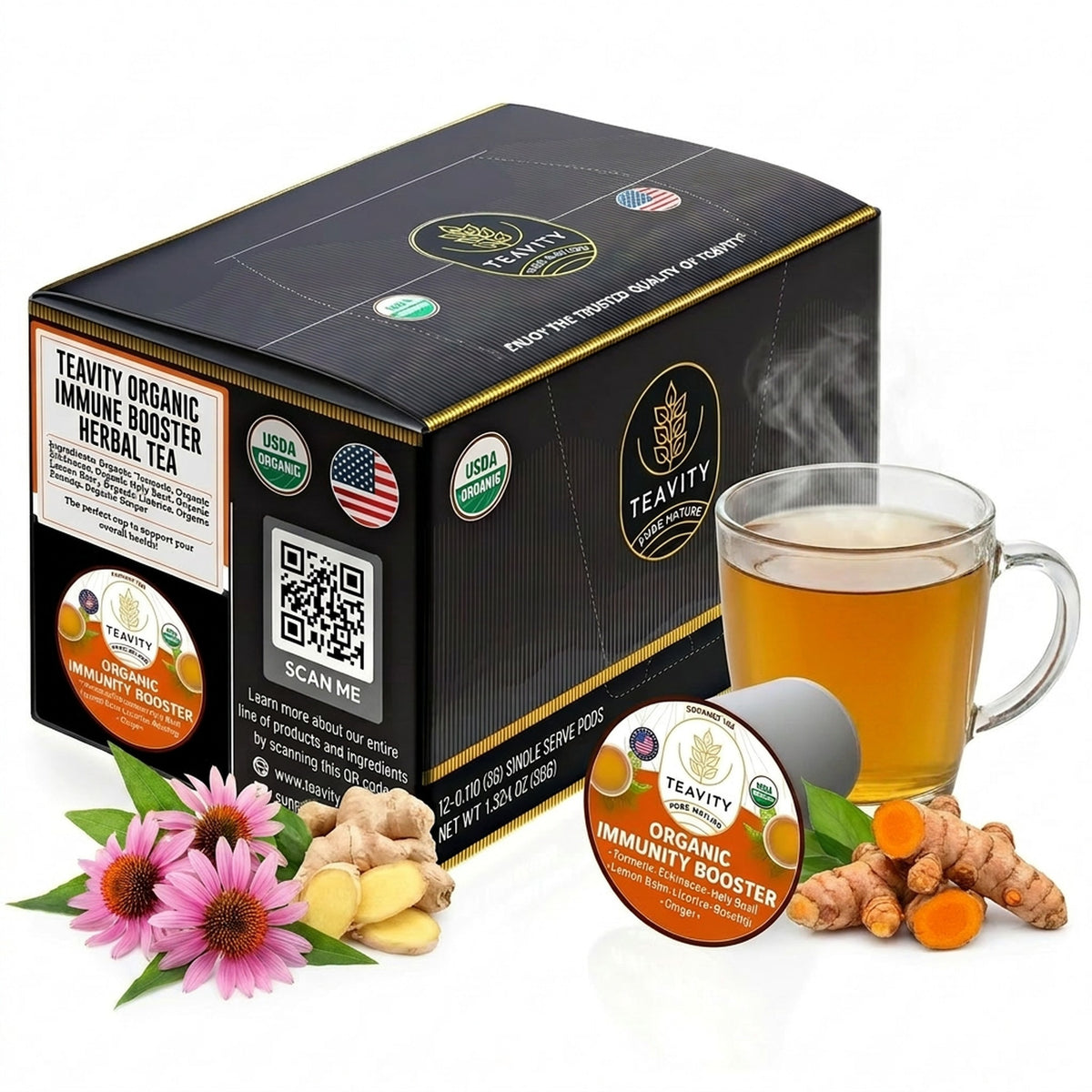 Teavity Organic Ginger Turmeric Echinacea Tea Pods, 12 count box, K-Cup compatible