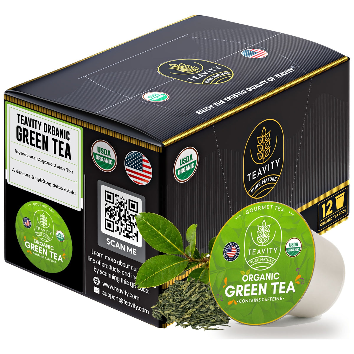 Teavity Organic Green Tea Pods, 12 count box, K-Cup compatible