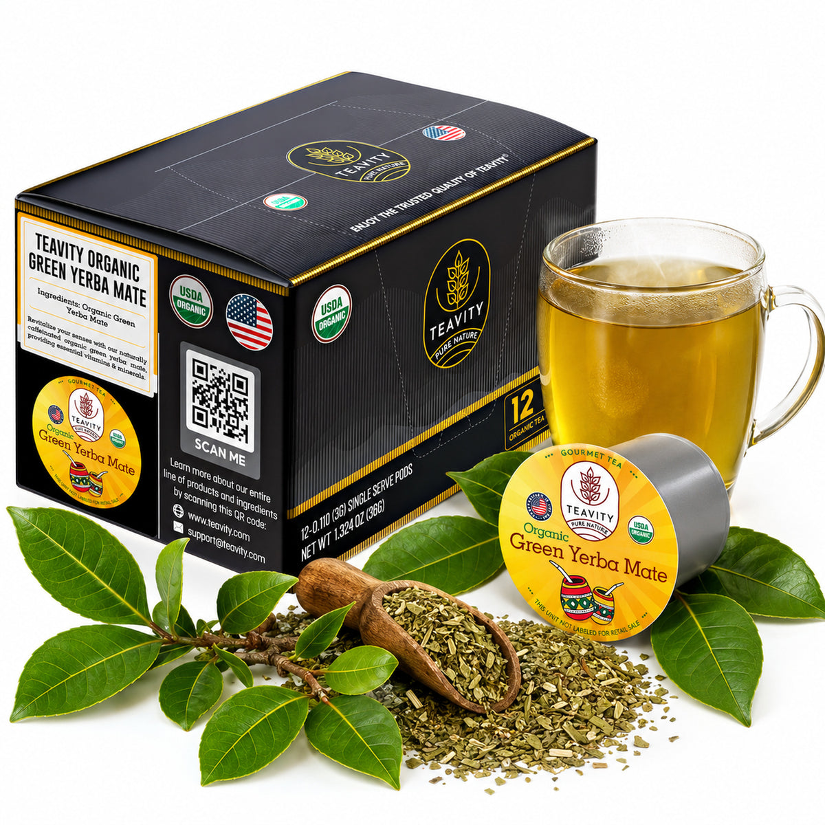 Teavity Organic Green Yerba Mate Tea Pods, 12 count box, K-Cup compatible