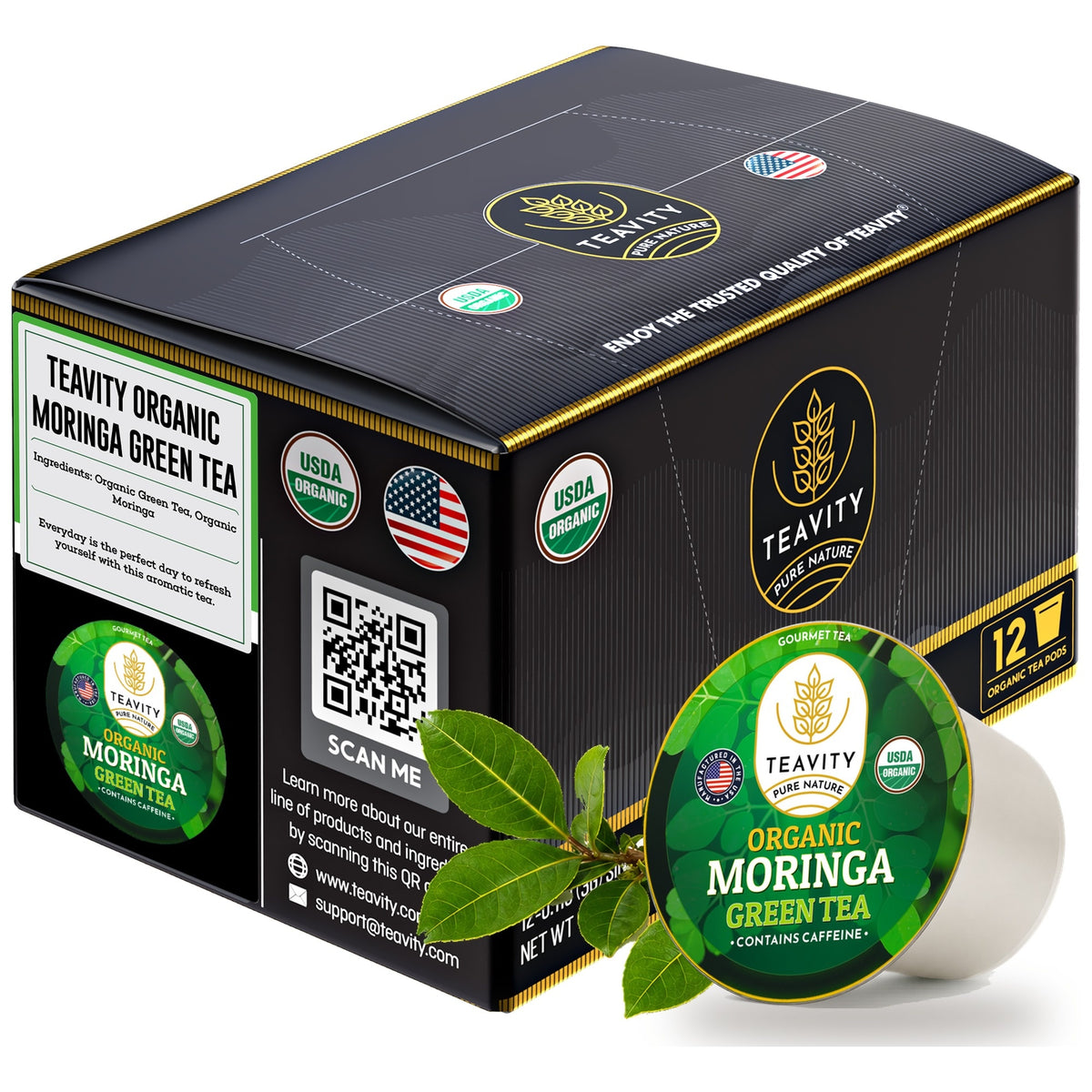Teavity Organic Moringa Green Tea Pods, 12 count box, K-Cup compatible