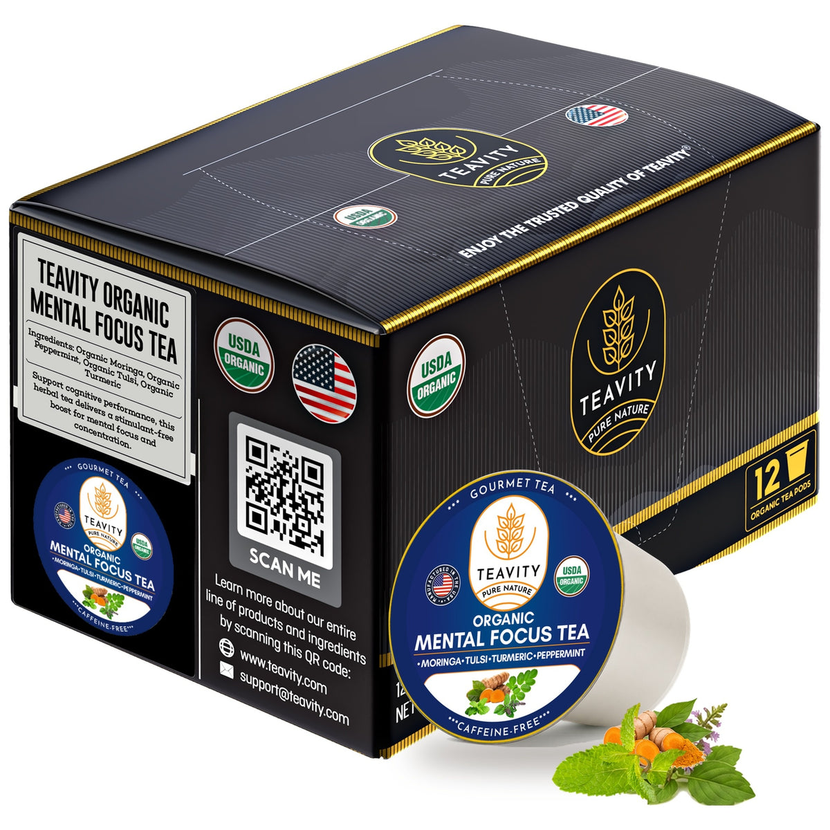 Teavity Organic Moringa Tulsi Herbal Tea Pods, 12 count box, K-Cup compatible