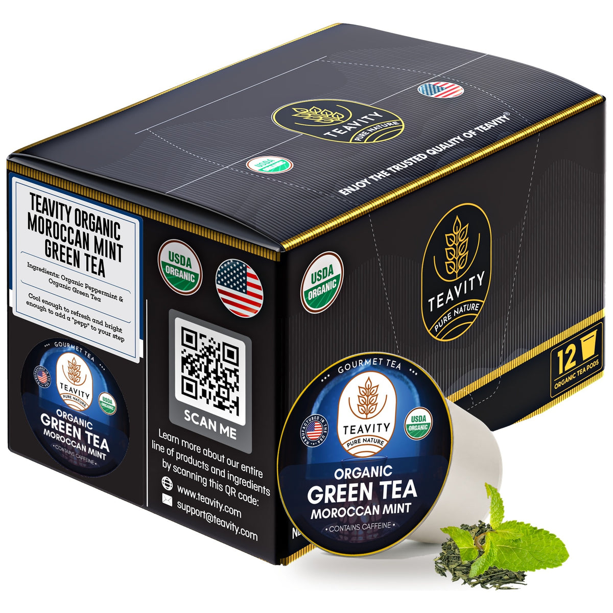 Teavity Organic Moroccan Mint Green Tea Pods, 12 count box, K-Cup compatible