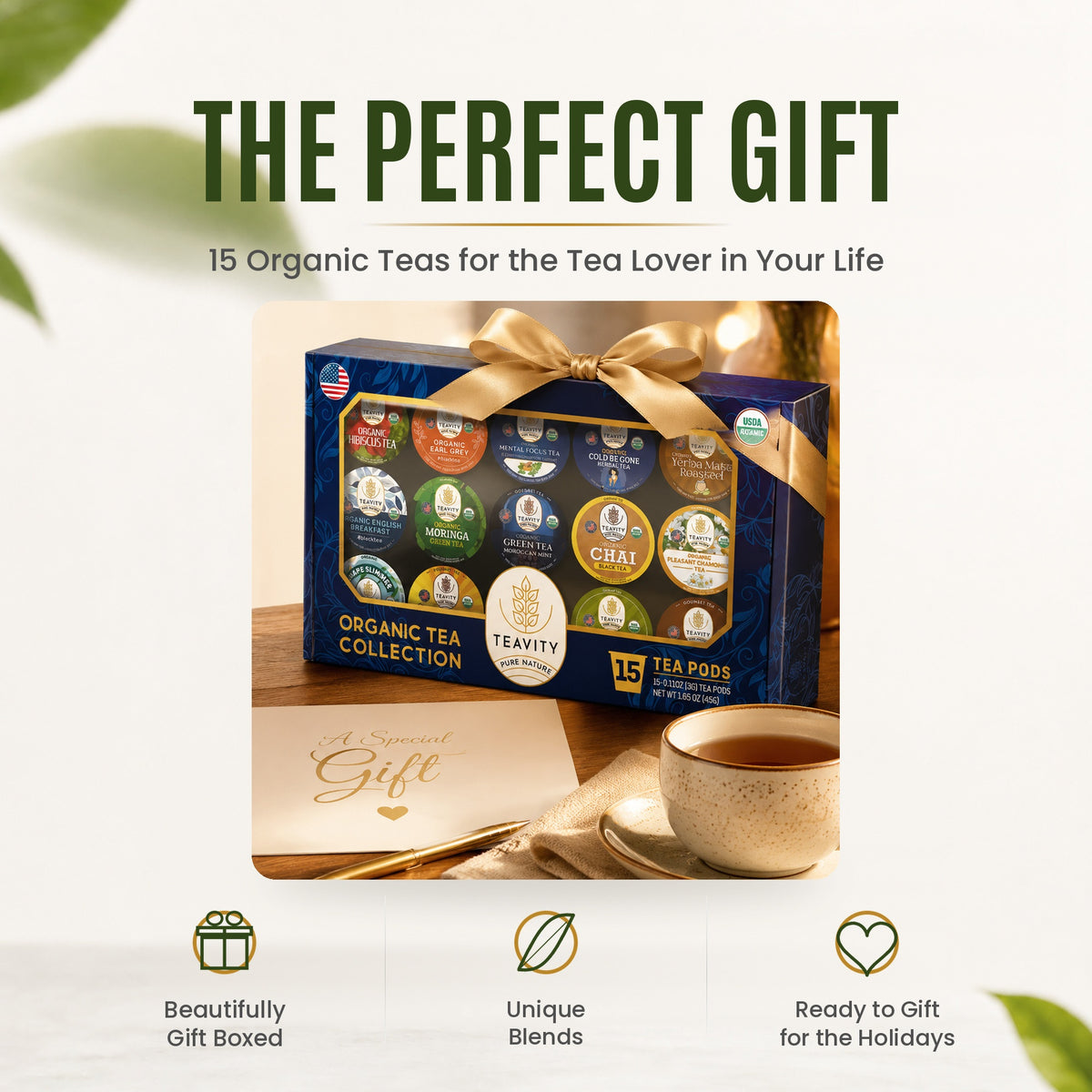 What's inside the Teavity Organic Tea Variety Pack, 15 count: the organic tea blends in the box